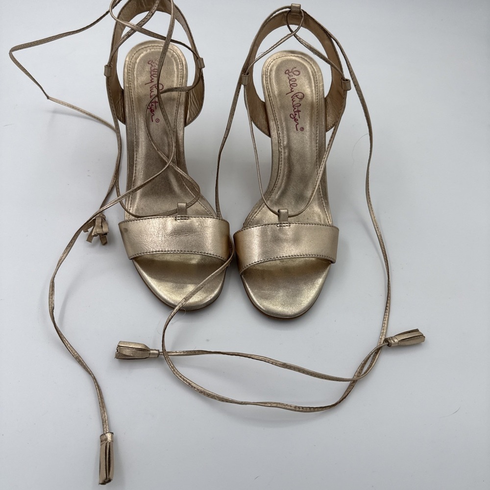 Lilly Pulitzer Aria Wedge Sandals Metallic Gold Cork Heels Size 8.5
